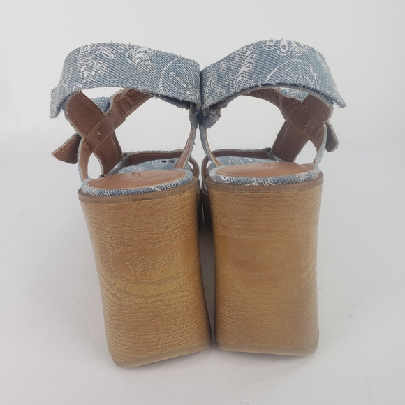 Lucky Brand Demmia wedge platform wood sandal shoe strappy printed denim new 9 - Picture 3 of 10